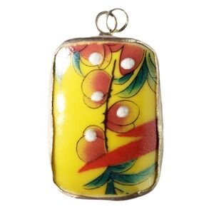 Vintage Broken China Rectangular Pendant Peach Botanical Yellow Silvertone Focal